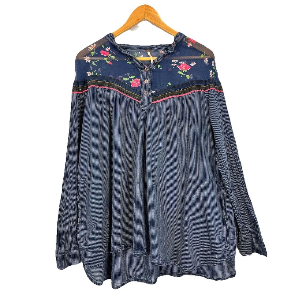 Free People Boho Tunic Top Blue Stripe Floral Sheer Yoke Long Sleeve Size S - Picture 2 of 11